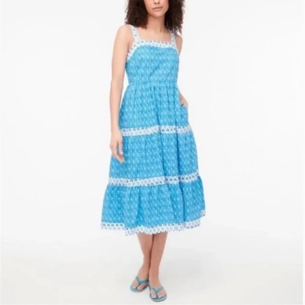 J. Crew Block Print Square Neck Smocked Floral Tiered Midi Dress Size 2 NWT